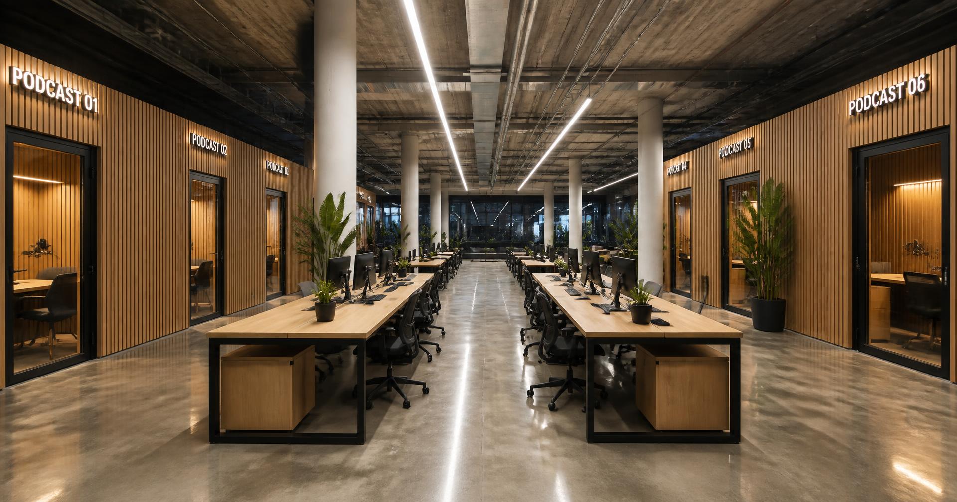SOCO Studios production floor with lit oak booths along both walls and desk banks down the centre